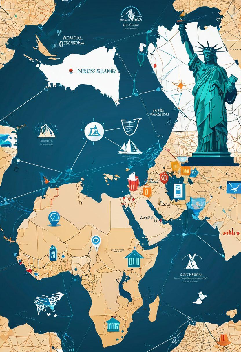 A dynamic illustration showing a digital map connecting the Arab world and America, featuring iconic landmarks like the Pyramids and the Statue of Liberty. Include symbols of e-commerce like shopping carts and digital payment icons seamlessly integrated into the design. Use a vibrant color palette to represent innovation and progress, with glowing lines portraying internet connectivity. super-realistic. vibrant colors. white background.