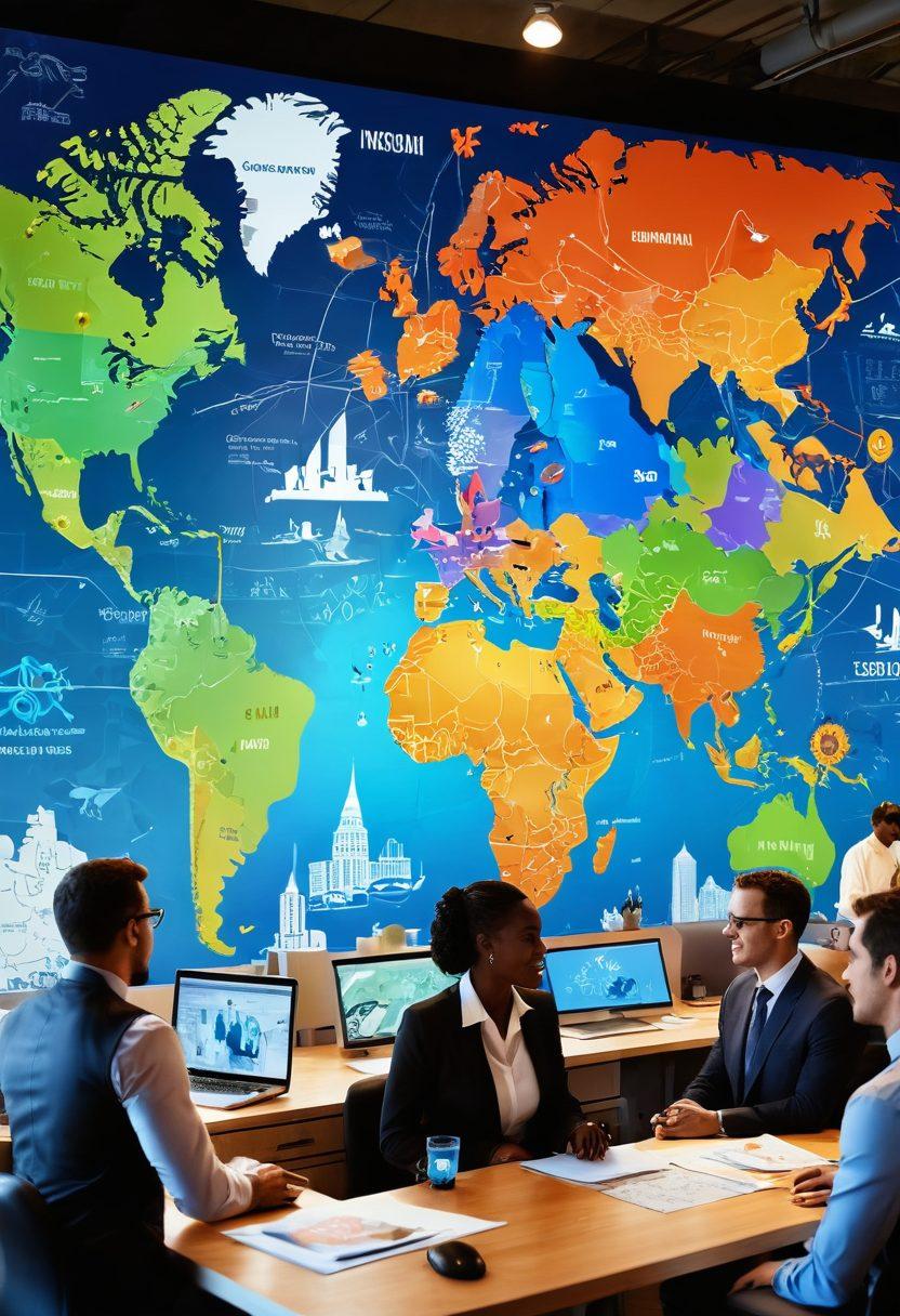 A dynamic montage of diverse entrepreneurs in a collaborative workspace, surrounded by digital maps showcasing global connections. Include iconic landmarks from different cultures in the background, and vibrant symbols of innovation like light bulbs and gears. The atmosphere should radiate synergy and teamwork, with bright, engaging colors to highlight the theme of global collaboration. super-realistic. vibrant colors. 3D.