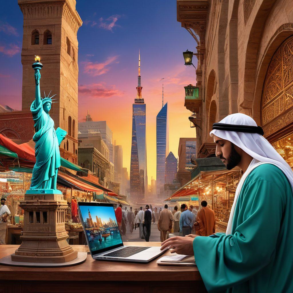 A dynamic digital collage showcasing a bustling marketplace merging Arab and American cultural elements. Include iconic landmarks like the Statue of Liberty and ancient Arabic architecture side by side. Feature diverse entrepreneurs engaging through laptops, symbolizing online connections. Use warm, inviting colors to reflect harmony and collaboration. vibrant colors. super-realistic. digital art.